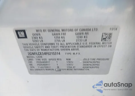 2015 Chevrolet Equinox 2Lt from USA, damaged, VIN 2GNFLCE34F6215314